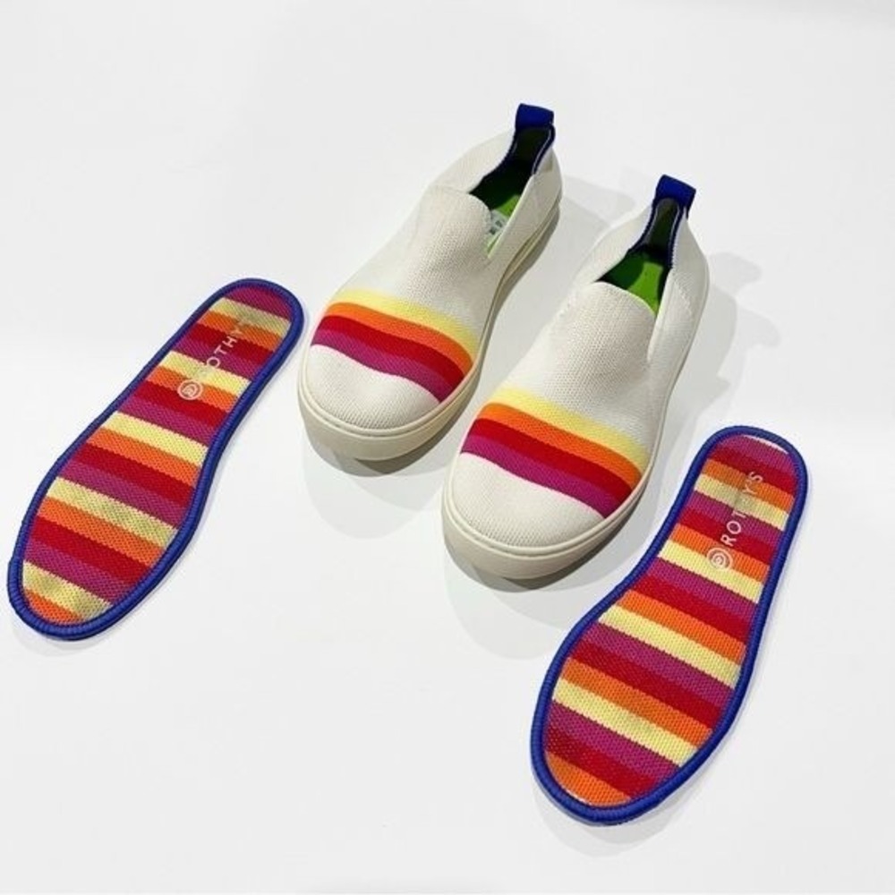 Rothy's Pink Candy Stripe slip on sneakers BIG KIDS 4 White Rainbow